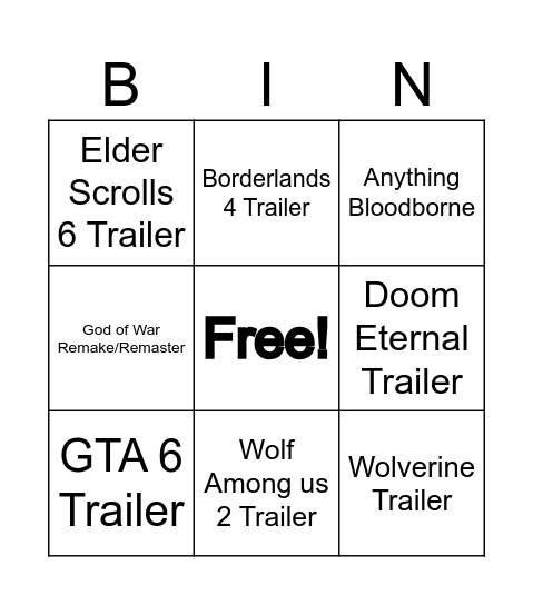 Game Awards 2024 Bingo Card