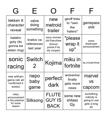 Game Awards Bingo Card