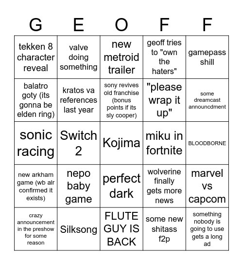 Game Awards Bingo Card