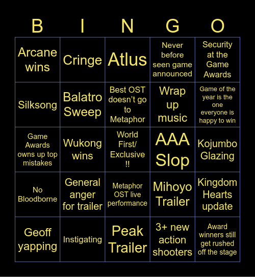 Game Awards 2024 Bingo Card