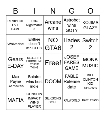 Game Awards 2024 Bingo Card