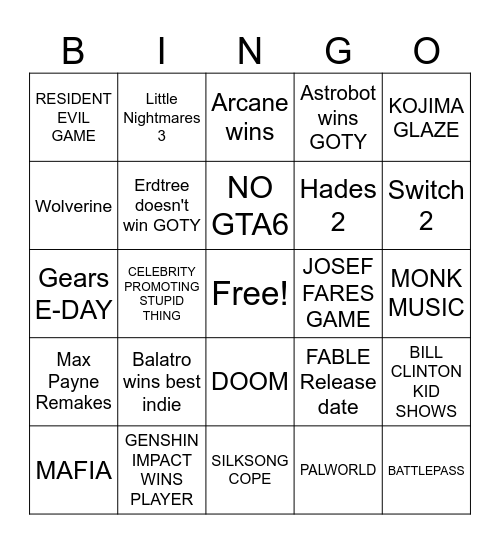 Game Awards 2024 Bingo Card