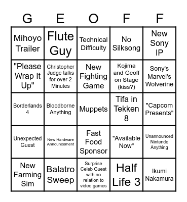 Game Awards 20204 Bingo Card