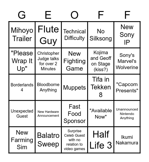 Game Awards 20204 Bingo Card