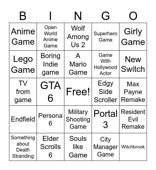 The Game Awards Bingo Card