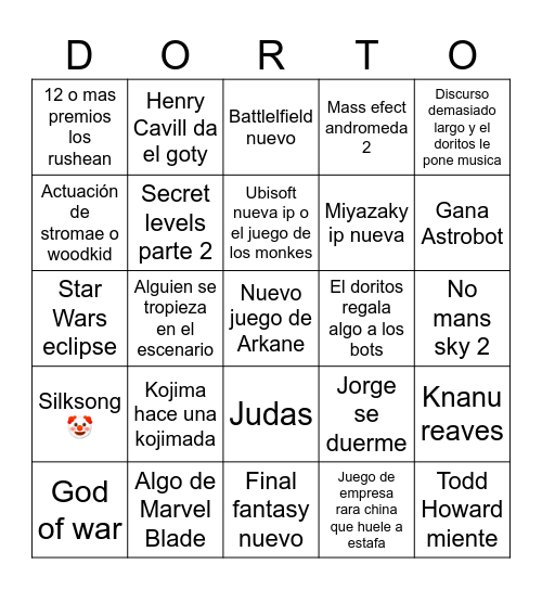 Doritos Awards Bingo Card