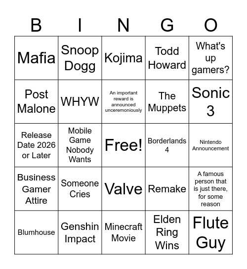 Game Awards 2024 Bingo Card