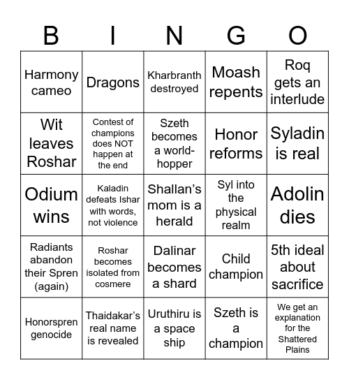 Wind and Truth Bingo Card