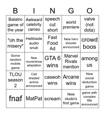 The Game Awards Bingo Card