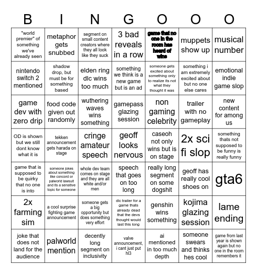 game awards 2025 Bingo Card