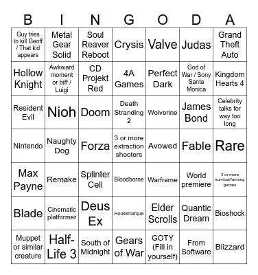 The Game Awards Bingo Card