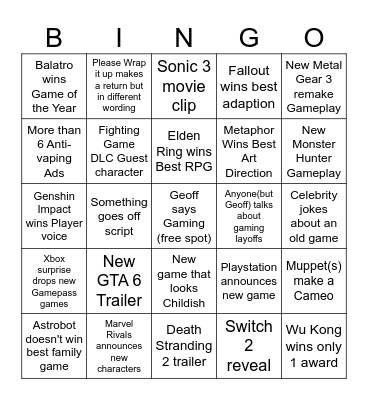 THE Game Awards BINGOO Bingo Card