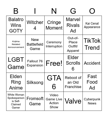 Game Awards 2024 Bingo Card