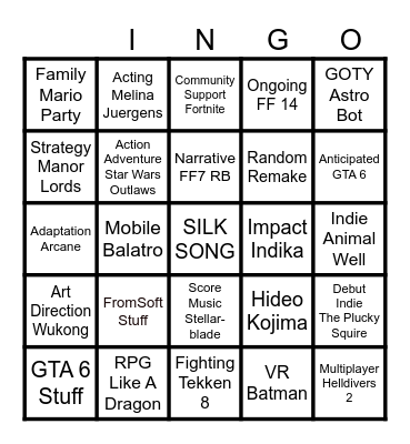 Game Awards Bingo Card