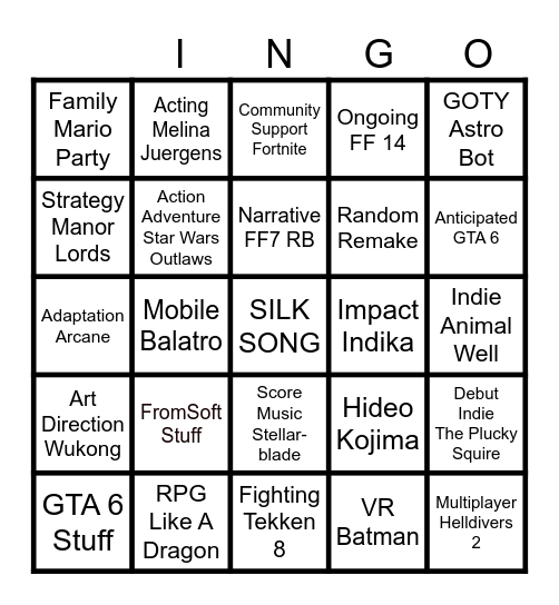 Game Awards Bingo Card