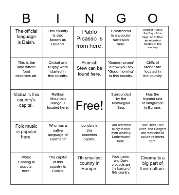 Western Europe Bingo Card