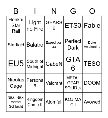 Game Awards 2024 Bingo Card