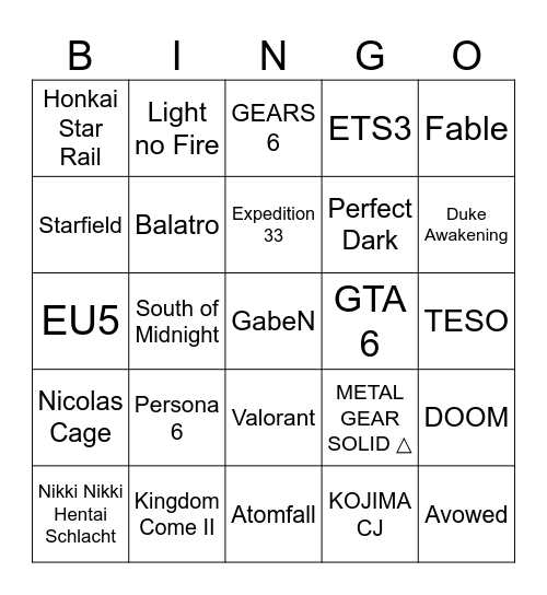Game Awards 2024 Bingo Card
