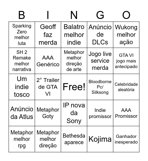 Bingo TGA 2024 Bingo Card