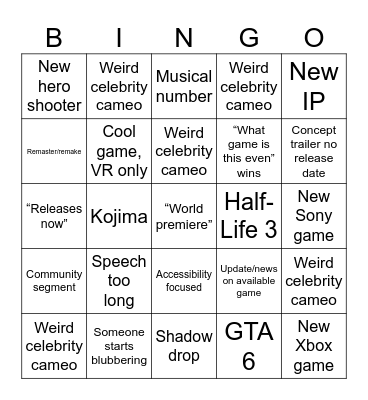 TGA Bingo Card
