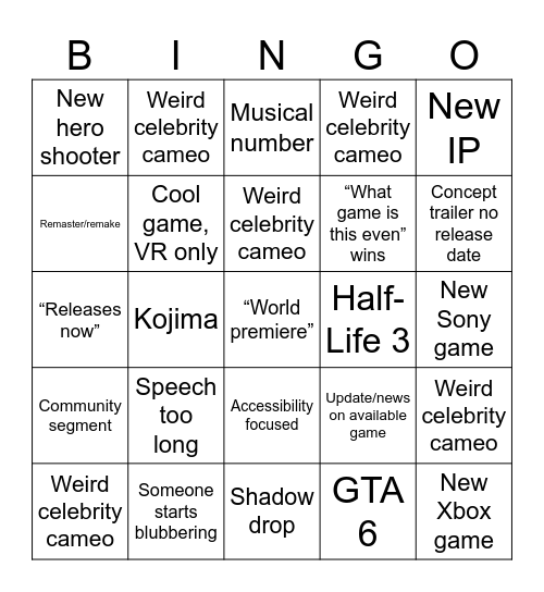 TGA Bingo Card