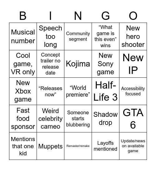 TGA Bingo Card