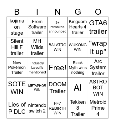Game Awards 2024 Bingo Card