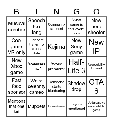 TGA Bingo Card