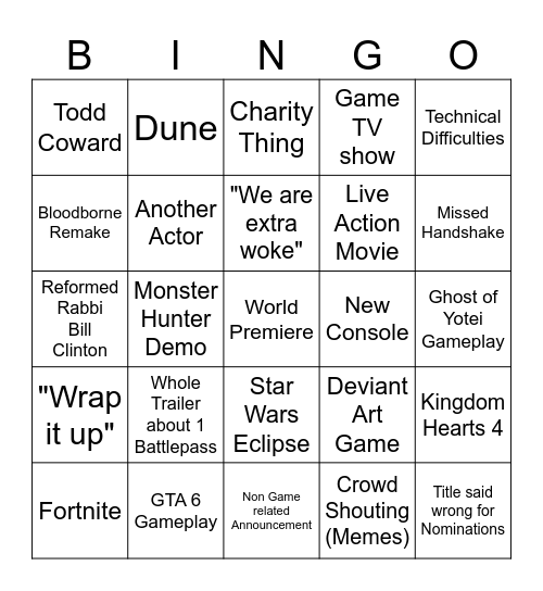 Game Awards Bingo Card