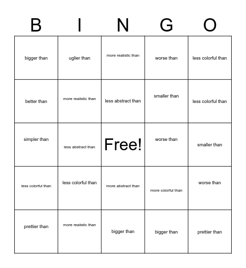 Comparative Adjectives Bingo Card