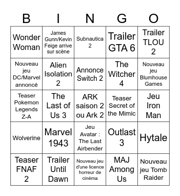 Bingo Game Awards Bingo Card