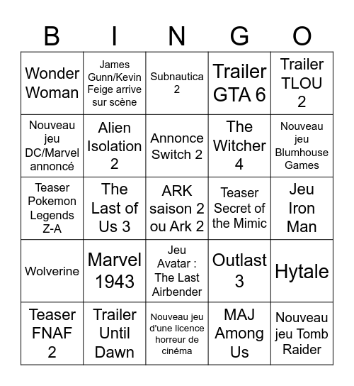 Bingo Game Awards Bingo Card