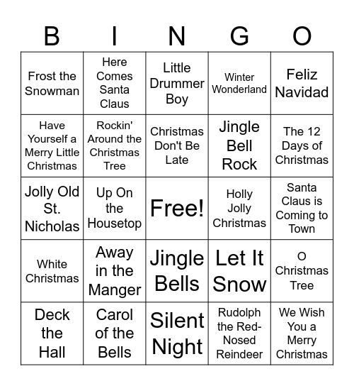 Holiday Music Bingo Card