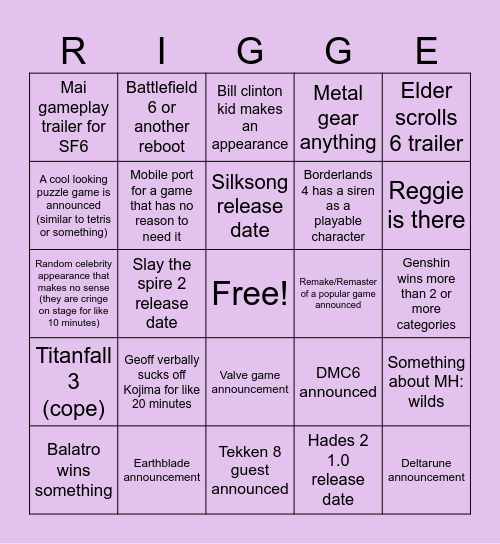 Game Awards 2024 Bingo Card