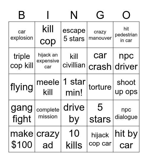 gta6 Bingo Card