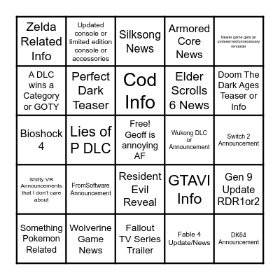2024 Game Awards Bingo Card
