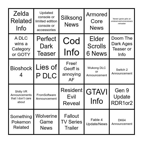 2024 Game Awards Bingo Card