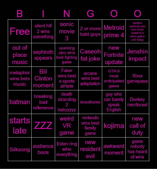 Game Awards 2024 Bingo Card