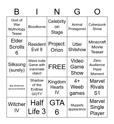 The Game Awards Bingo Card