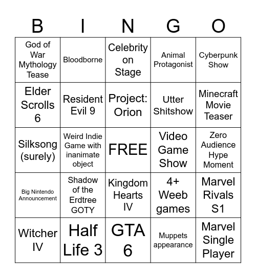 The Game Awards Bingo Card