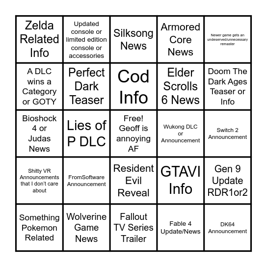 2024 Game Awards Bingo Card