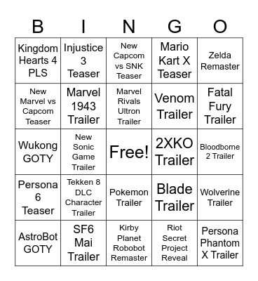 TGA 24 Bingo Card