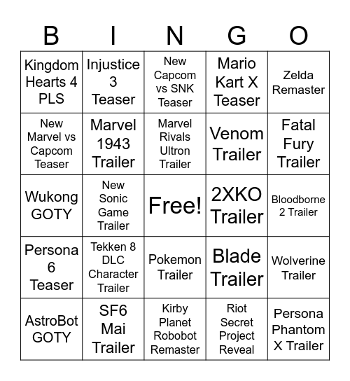 TGA 24 Bingo Card