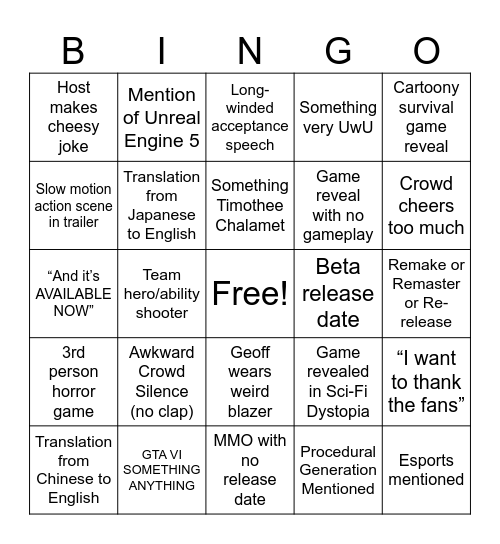 TREX 2024 GAME AWARDS BINGO Card