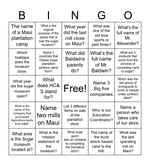 Maui Sugar Museum Bingo Card