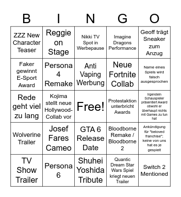 The Game Awards 2024 Bingo Card