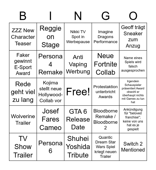 The Game Awards 2024 Bingo Card