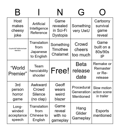 TREX 2024 GAME AWARDS BINGO Card