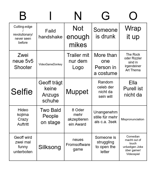 Game Awards Bingo Card