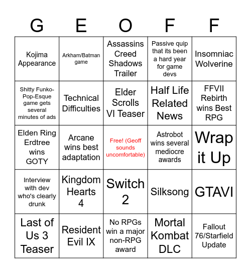 TGA Bingo Card